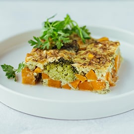 Gratin van zoete aardappel met broccoli en bloemkool